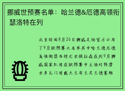 挪威世预赛名单：哈兰德&厄德高领衔 瑟洛特在列